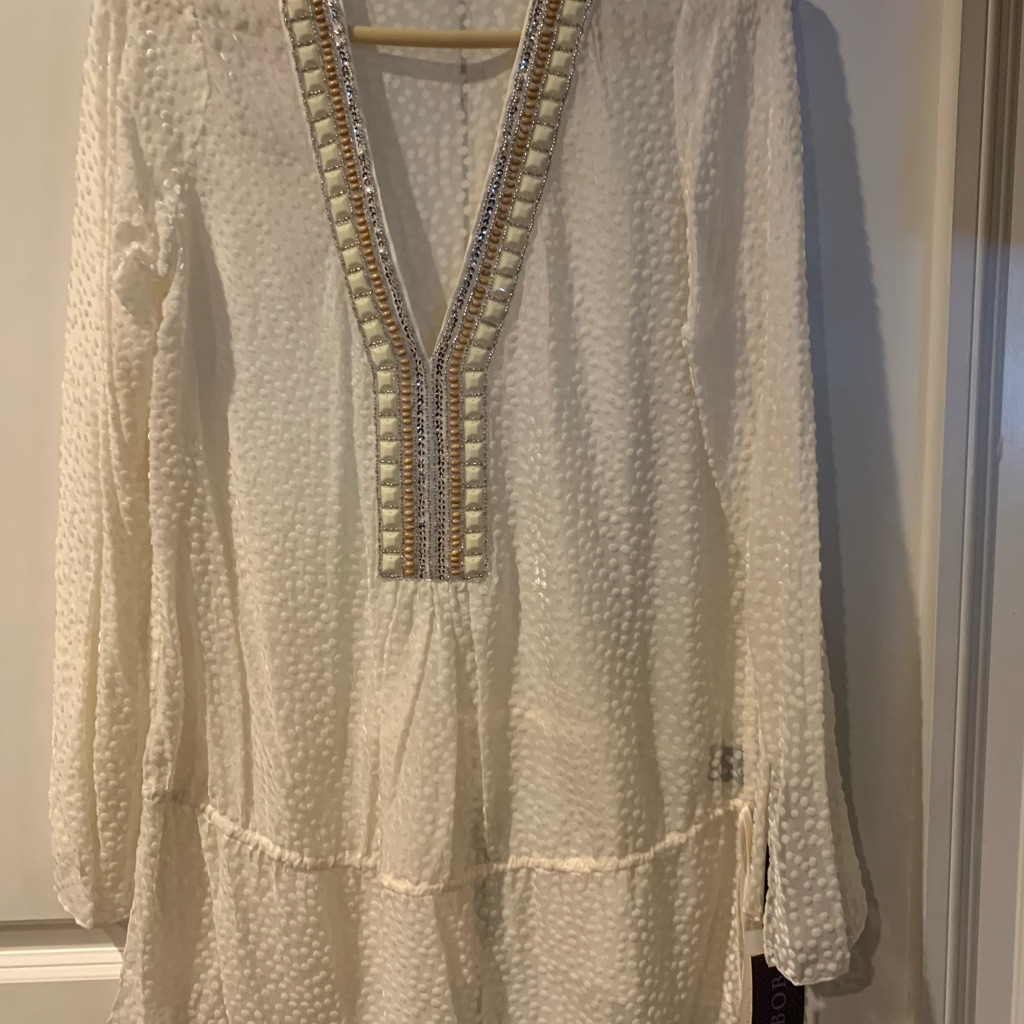 Nwt! Hale Bob Cream Silk Embellished Tunic With Long Sleeves